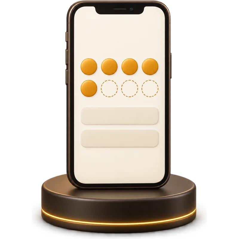 A phone on a podium showing a stamp card with five of eight stamps collected